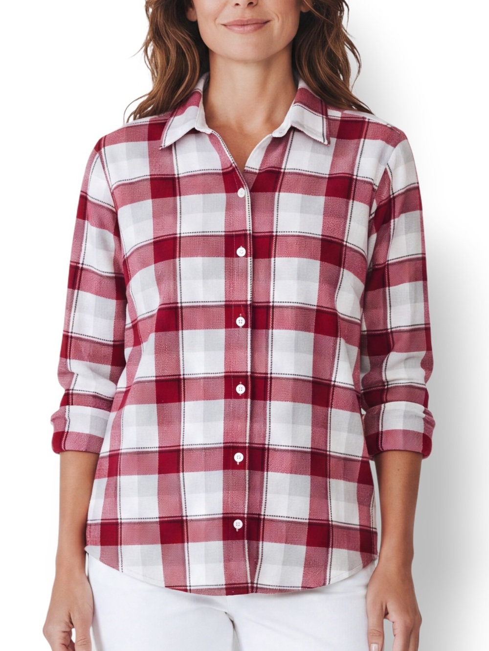 4/$20 Riders by Lee Red White Plaid Fleece Button Down Shirt Medium